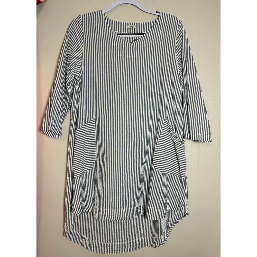 Tulip Blue White Seersucker Hi Lo Tunic Shift Dress Small